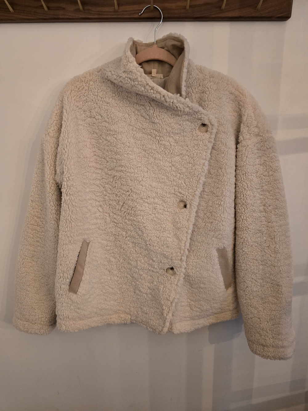 Mystree Cream Teddy Sherpa Jacket - Asymmetric Snap Front